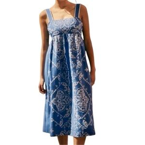 Sezane NWT Women’s Size 6 Blue Ecru Embroidered Sylvette Tie Back Midi Dress
